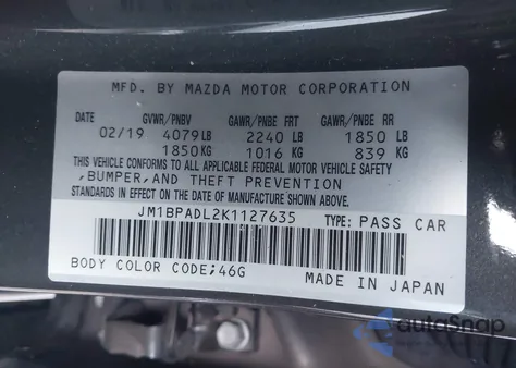2019 Mazda Mazda3 Preferred Package from USA, damaged, VIN JM1BPADL2K1127635